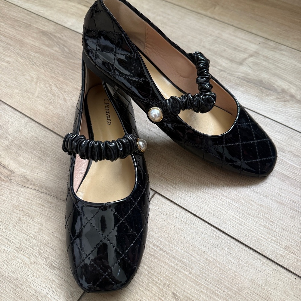 C.Paravano Black Patent Mary Jane Square Toe Ballet Flats with Pearl Detail 38EU - Picture 2 of 8